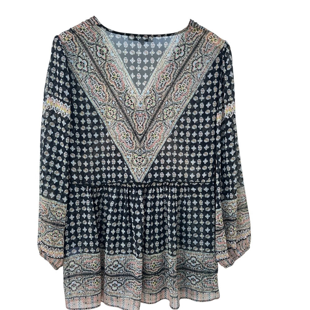 Rose + Olive Tunic Top Bohemian Paisley Print Long Sleeve Large‎ Sheer  NWOT
